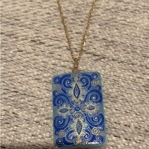 Hand painted blue and gold pendent with gold plated chain plated necklace. NWOT